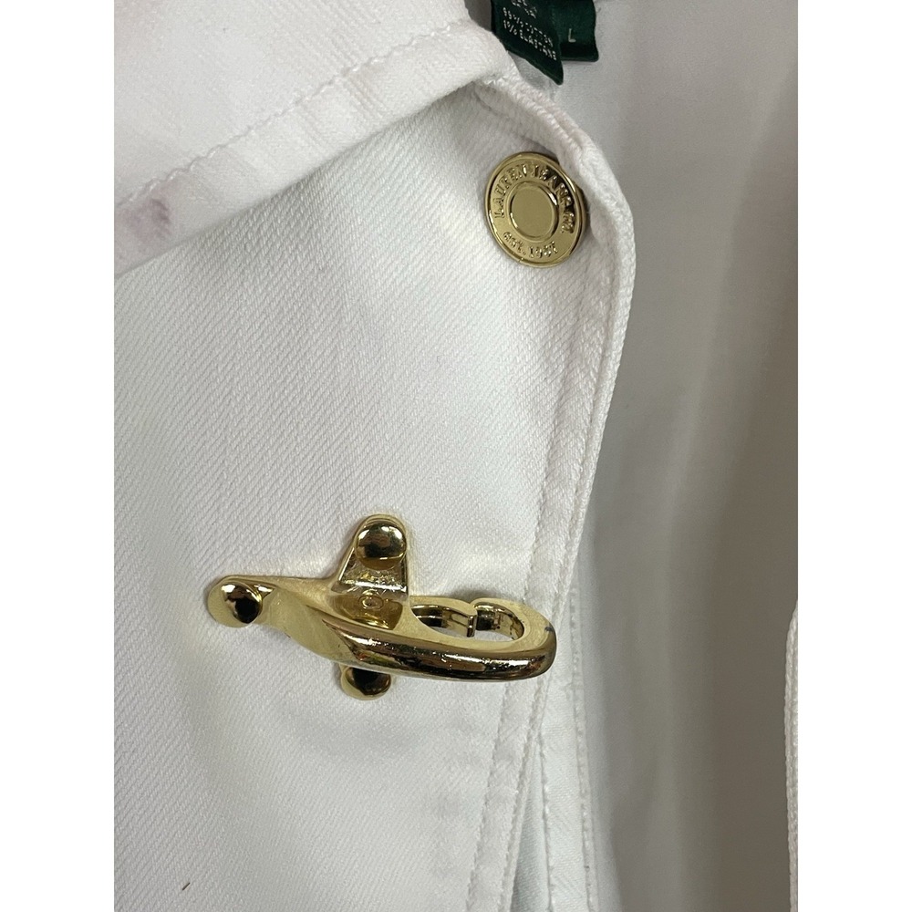 Ralph Lauren White Denim Jacket Nautical Utility L Equestrian Gold Buckle Luxury - Picture 4 of 10